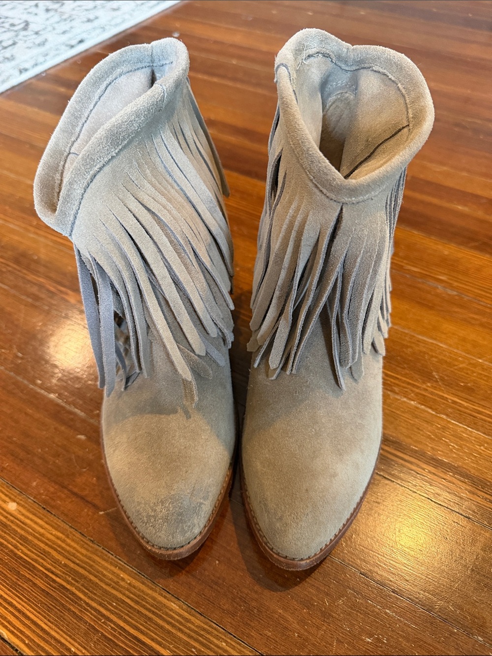 Frye Suede Fringe Ankle Boots in Light Gray